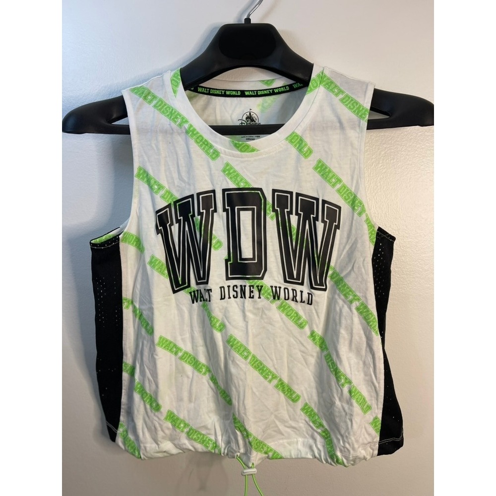 Disney Parks Walt Disney World WDW Neon Green White Mesh Crop Tank Top Large